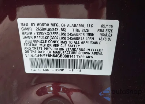 2016 Honda Pilot Ex-L z USA, uszkodzony, nr VIN 5FNYF6H64GB088141